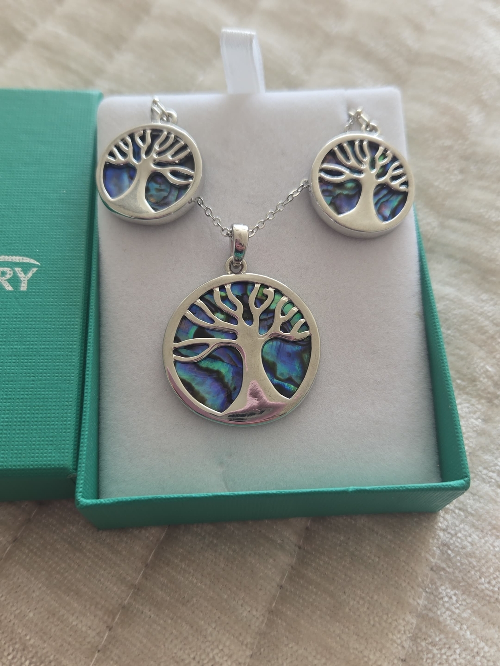 Sterling Silver Tree of Life Necklace and Earrings with Blue-Green Abalone Inlay